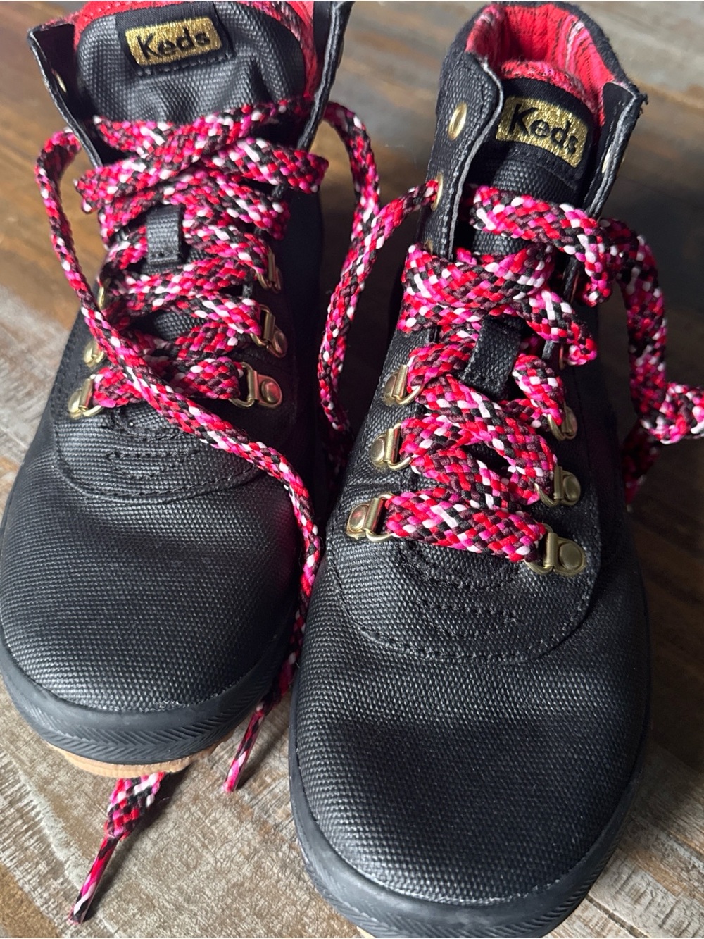 Keds Black Textile Hiker Sneakers with Pink, White and Black Braided Laces
